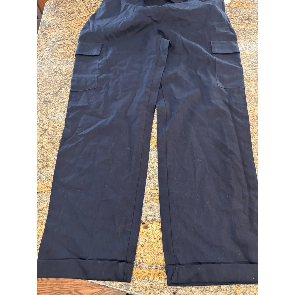 NWT Zara Linen Blend Cargo Pants Tie Waist Relaxed Fit‎ Cropped Blue Small